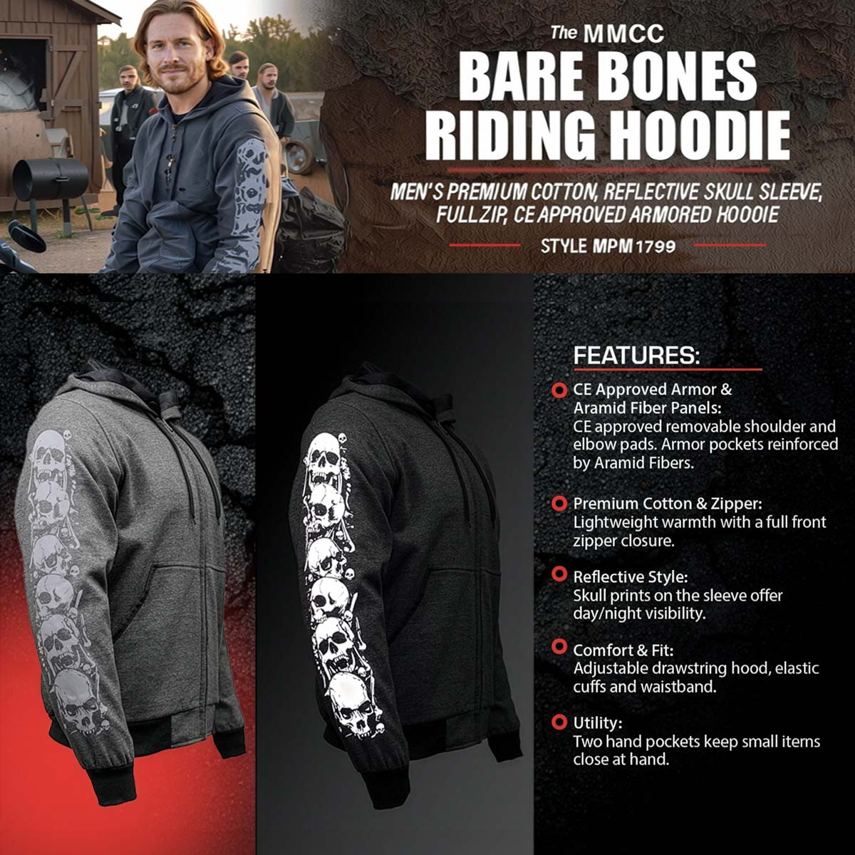 Milwaukee Leather Men's Bare Bones Charcoal Reflective Skull CE Armored Riding Hoodie, Shoulder & Elbow Armor - MPM1799