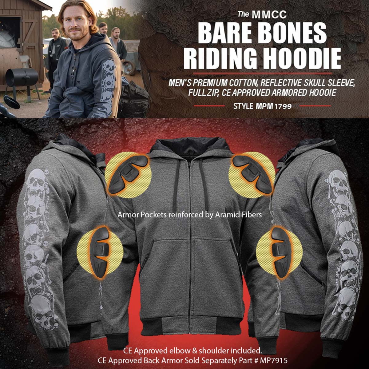Milwaukee Leather Men's Bare Bones Charcoal Reflective Skull CE Armored Riding Hoodie, Shoulder & Elbow Armor - MPM1799