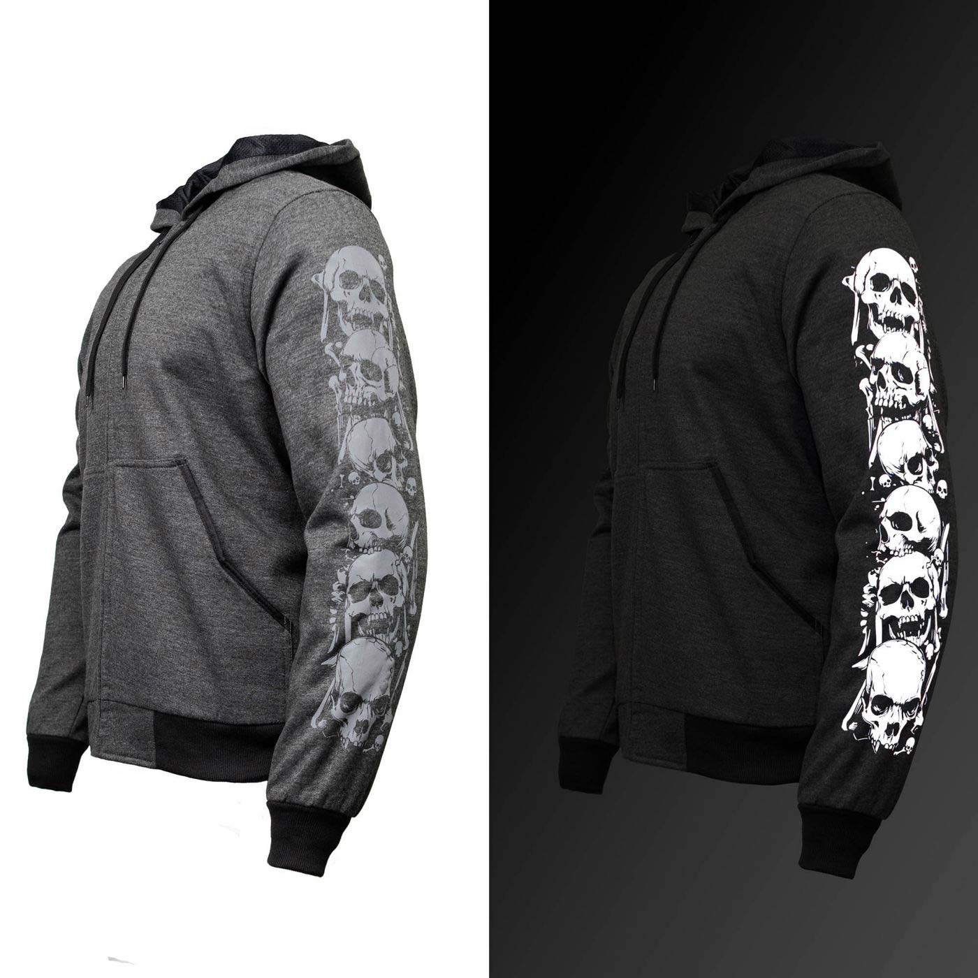 Milwaukee Leather Men's Bare Bones Charcoal Reflective Skull CE Armored Riding Hoodie, Shoulder & Elbow Armor - MPM1799
