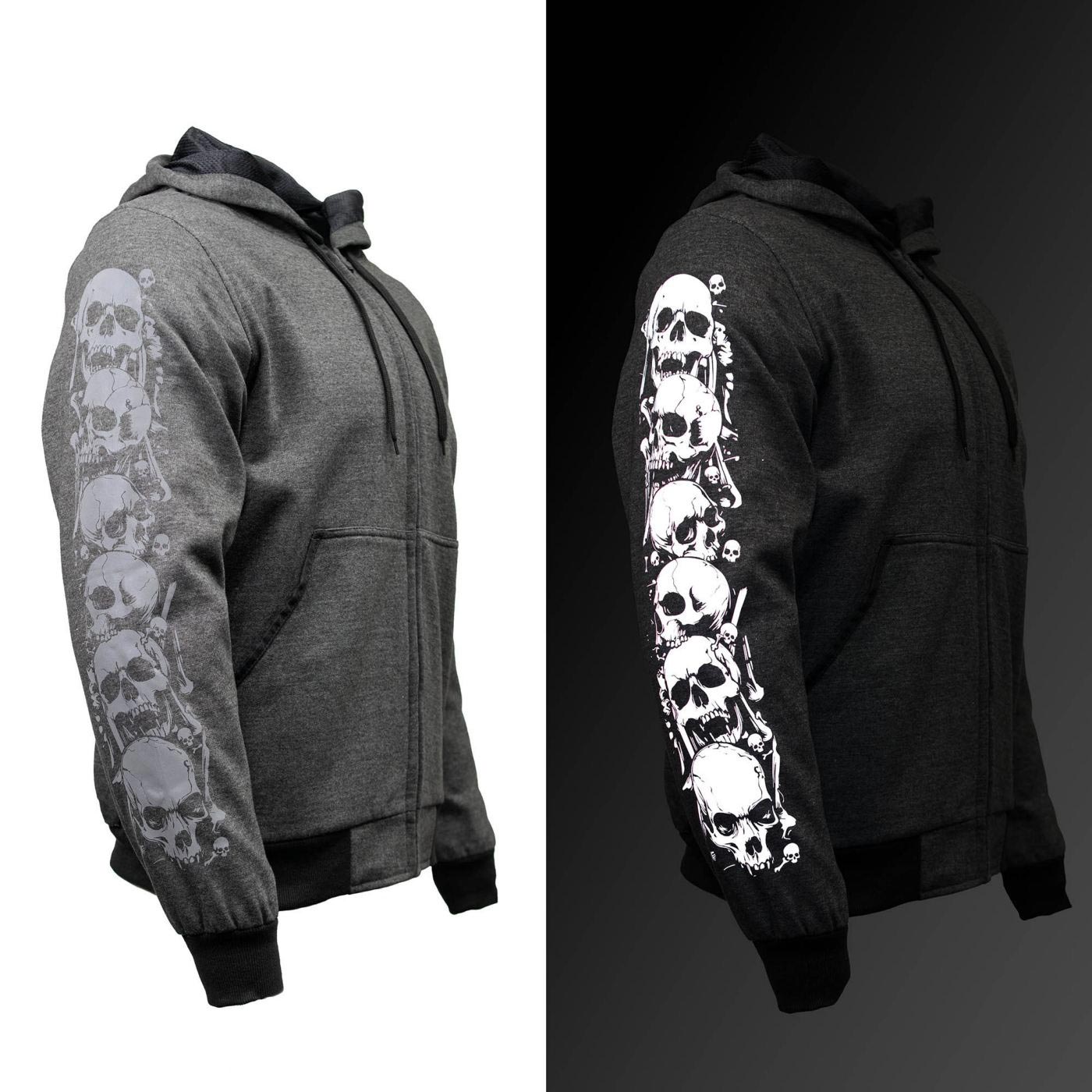 Milwaukee Leather Men's Bare Bones Charcoal Reflective Skull CE Armored Riding Hoodie, Shoulder & Elbow Armor - MPM1799