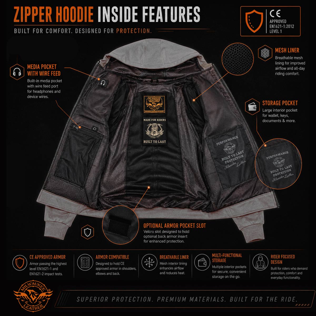 Milwaukee Leather Men's Copper Streetguard Riding Hoodie - Aramid Reinforced with CE Shoulder and Elbow Armor - MPM1771