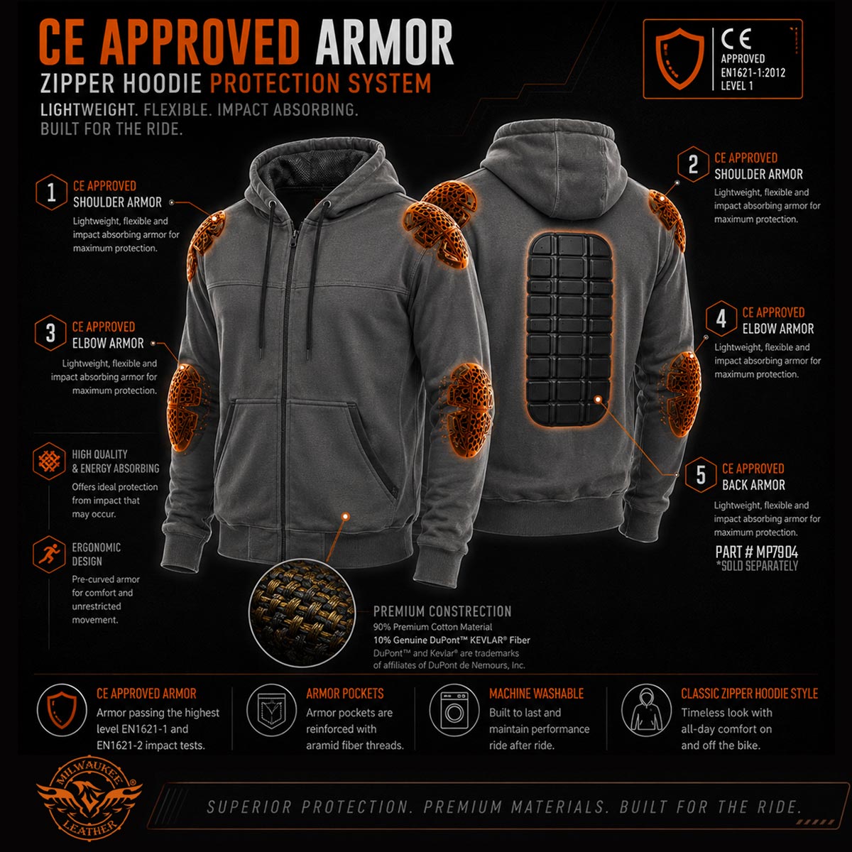 Milwaukee Leather Men's Streetguard Riding Hoodie - Aramid Reinforced with CE Shoulder and Elbow Armor - MPM1789