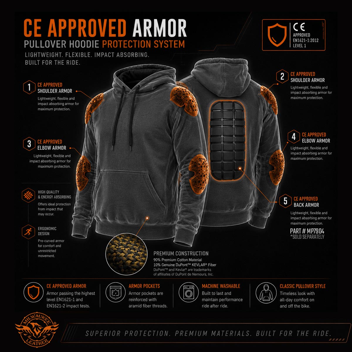Milwaukee Leather Men's Streetguard Black CE Armored Riding Hoodie, Shoulder and Elbow Armor - MPM1769