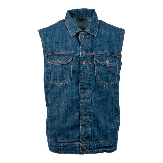 Men's Blue denim motorcycle riding vest on a white background
