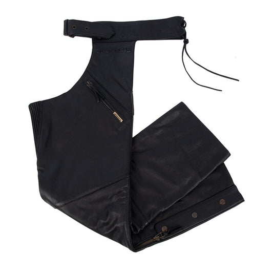 Black leather motorcycle riding chaps with slash zipper pockets