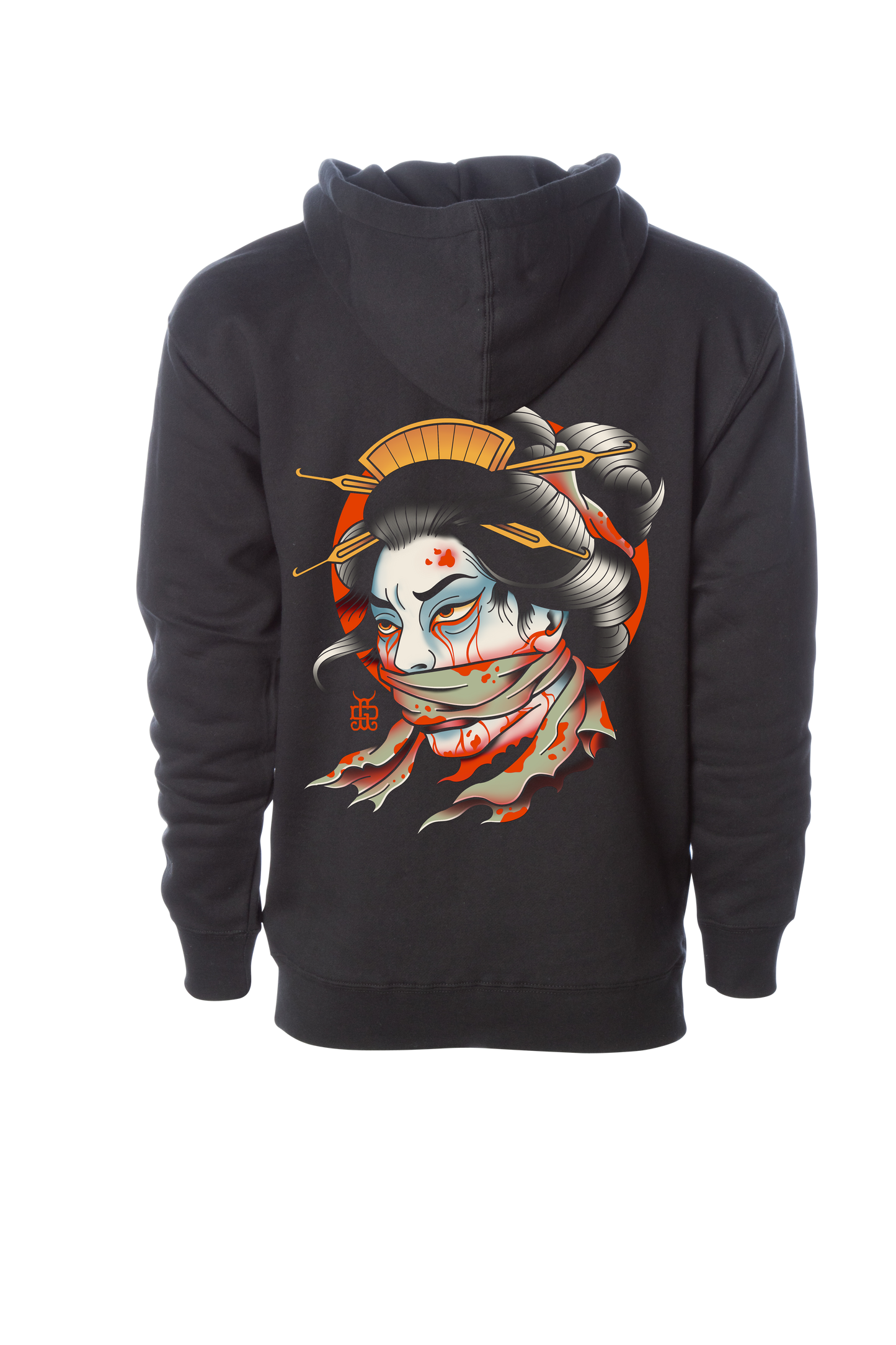 Black hoodie with a colorful tattoo style graphic design on the back against a white background