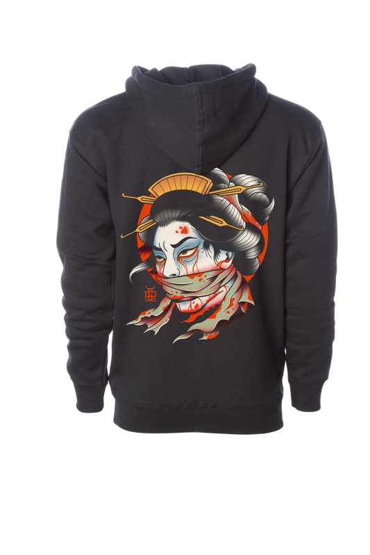 Black hoodie with a colorful tattoo style graphic design on the back against a white background