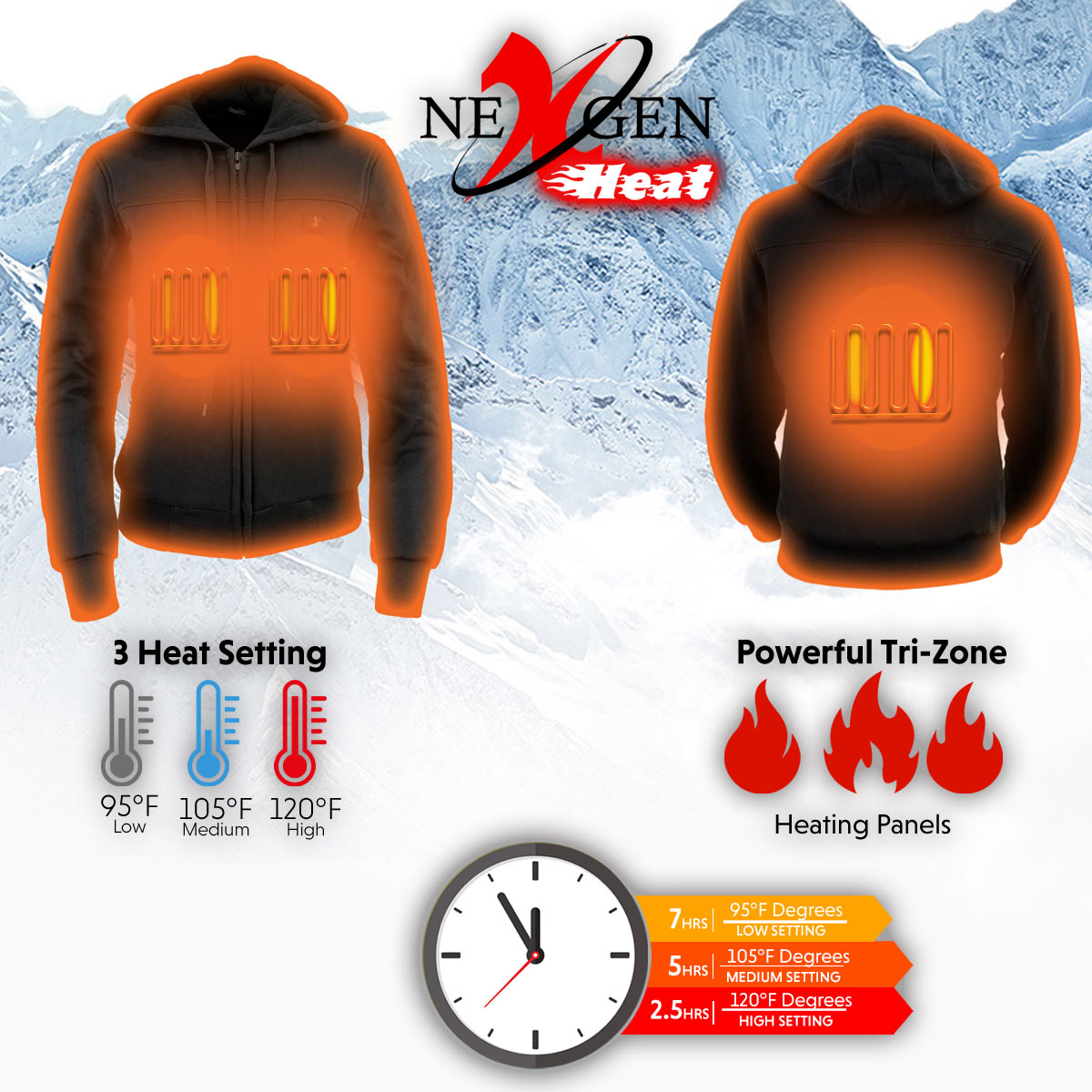 Nexgen Heat MPL2713SET Women Black 'Heated' Front Zipper Fiery Hoodie Jacket for Outdoor Activities w/ Battery Pack