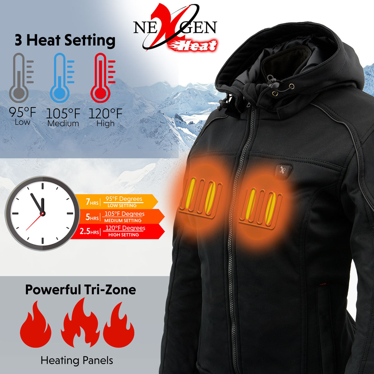 Nexgen Heat MPL2761SET Women's Black 'Heated' Soft Shell Racing Style Heated Jacket for Hiking Riding