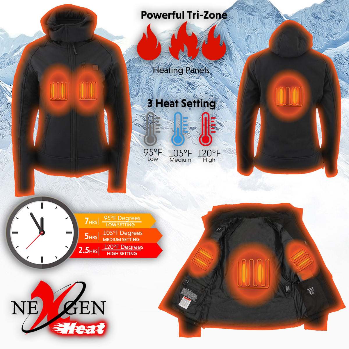 Nexgen Heat MPL2767SET Women's Black 'Heated' Soft Shell Jacket with Detachable Hood for Riding Hiking Winter Outdoor Activities