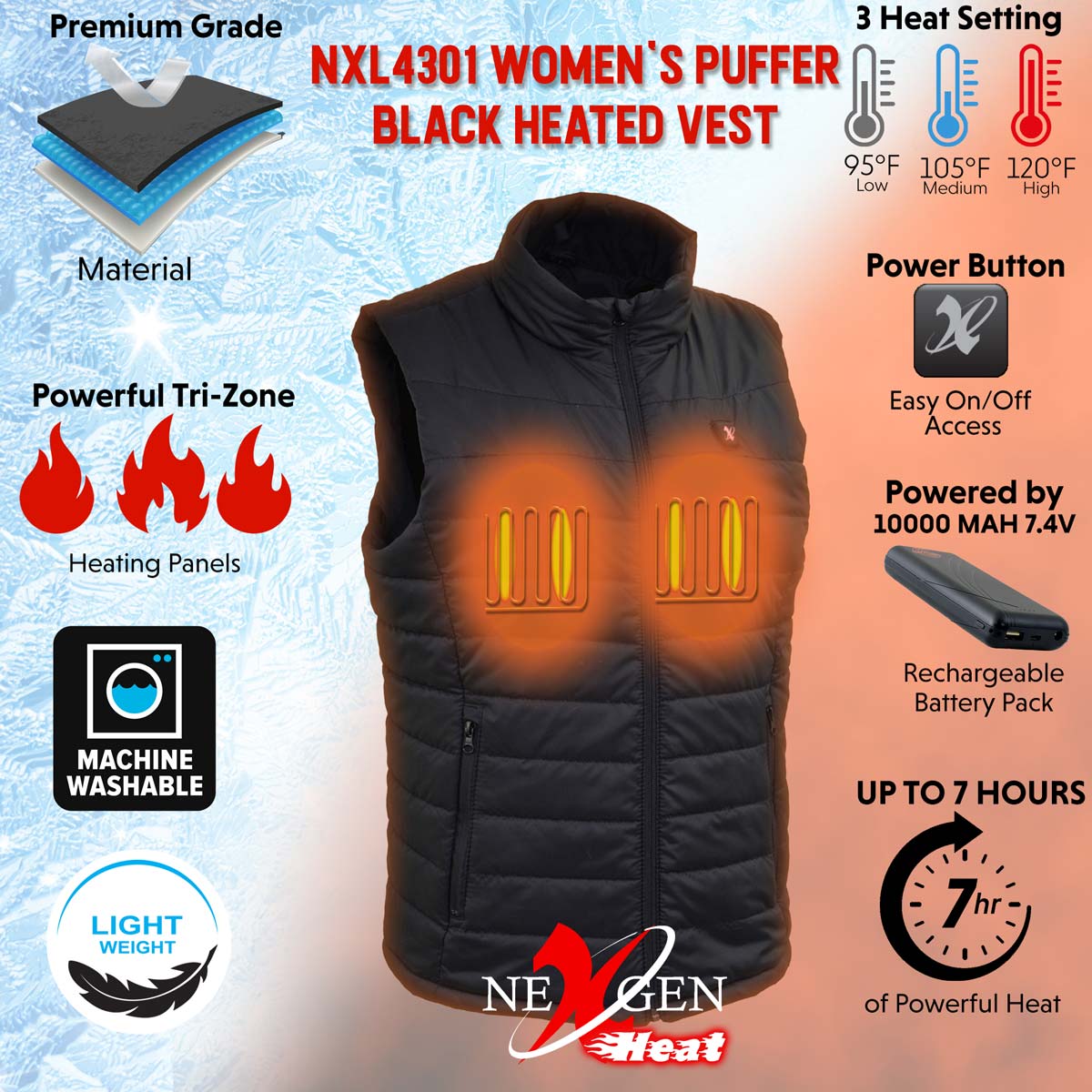 NexGen NXL4301SET Ladies 'Puffed' Black ‘Heated’ Textile Vest (Rechargeable Battery Pack Included)