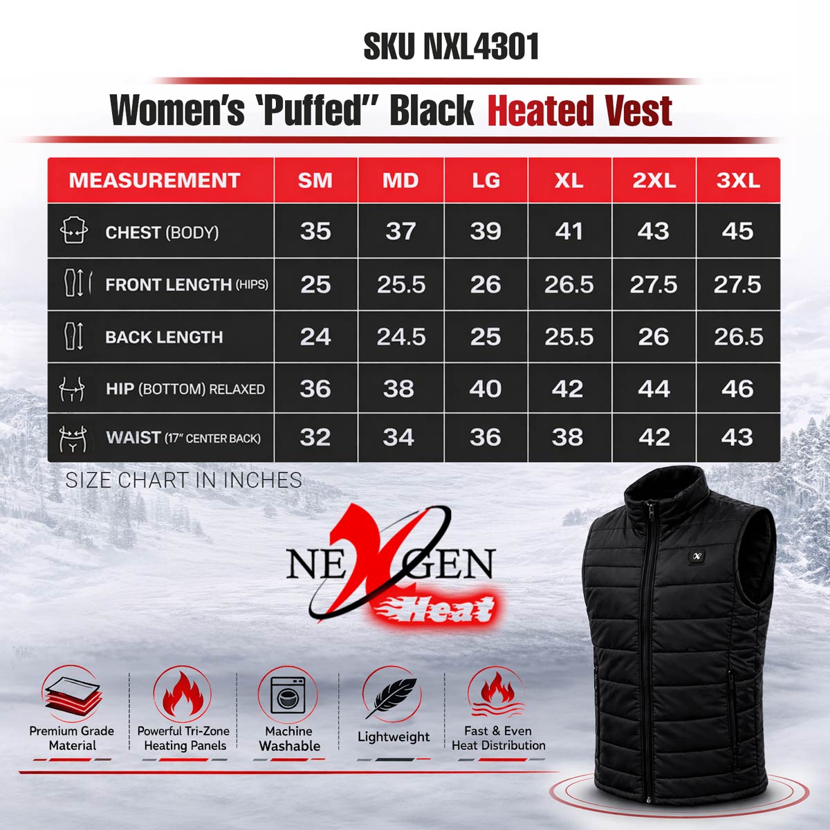 NexGen NXL4301SET Ladies 'Puffed' Black ‘Heated’ Textile Vest (Rechargeable Battery Pack Included)