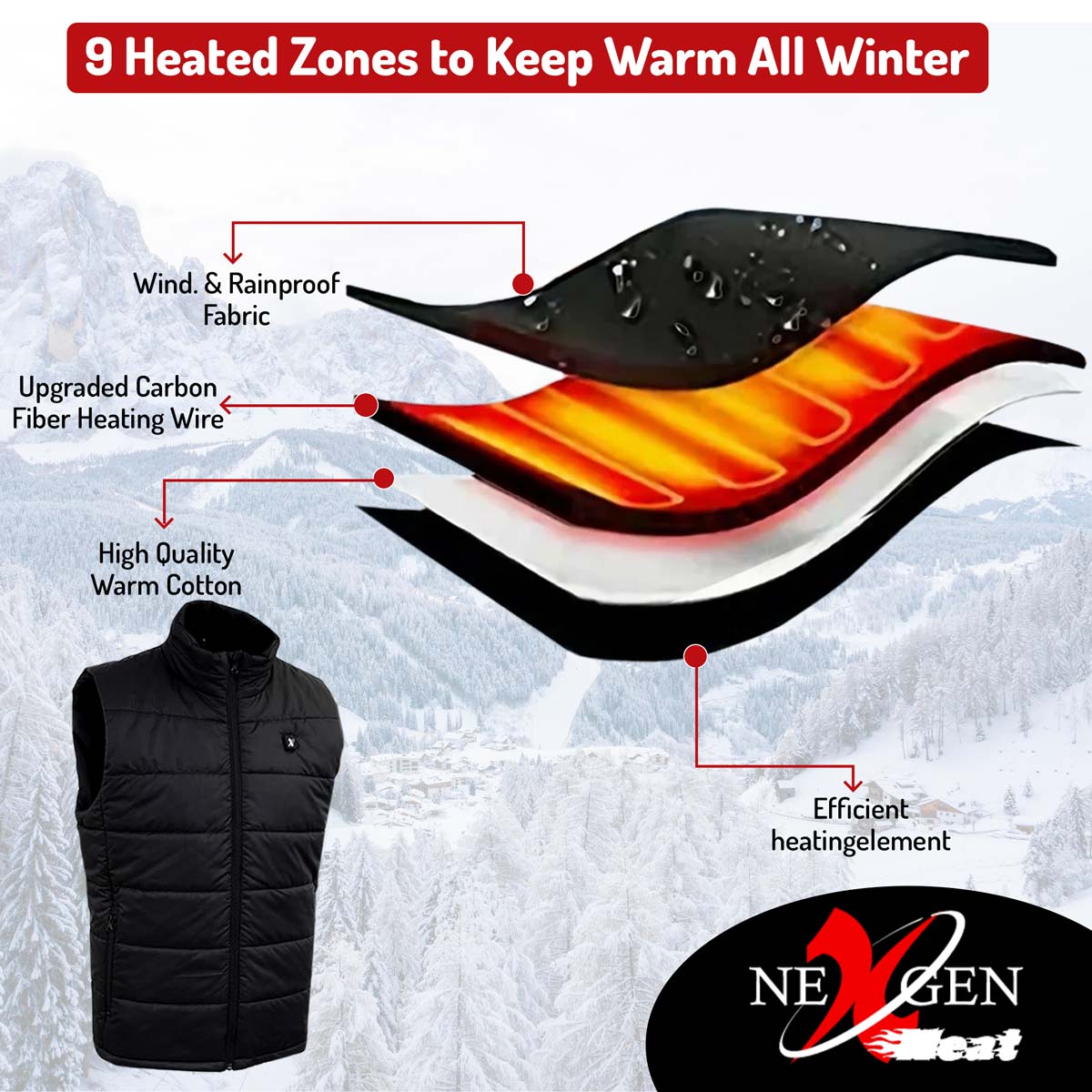 NexGen NXL4301SET Ladies 'Puffed' Black ‘Heated’ Textile Vest (Rechargeable Battery Pack Included)