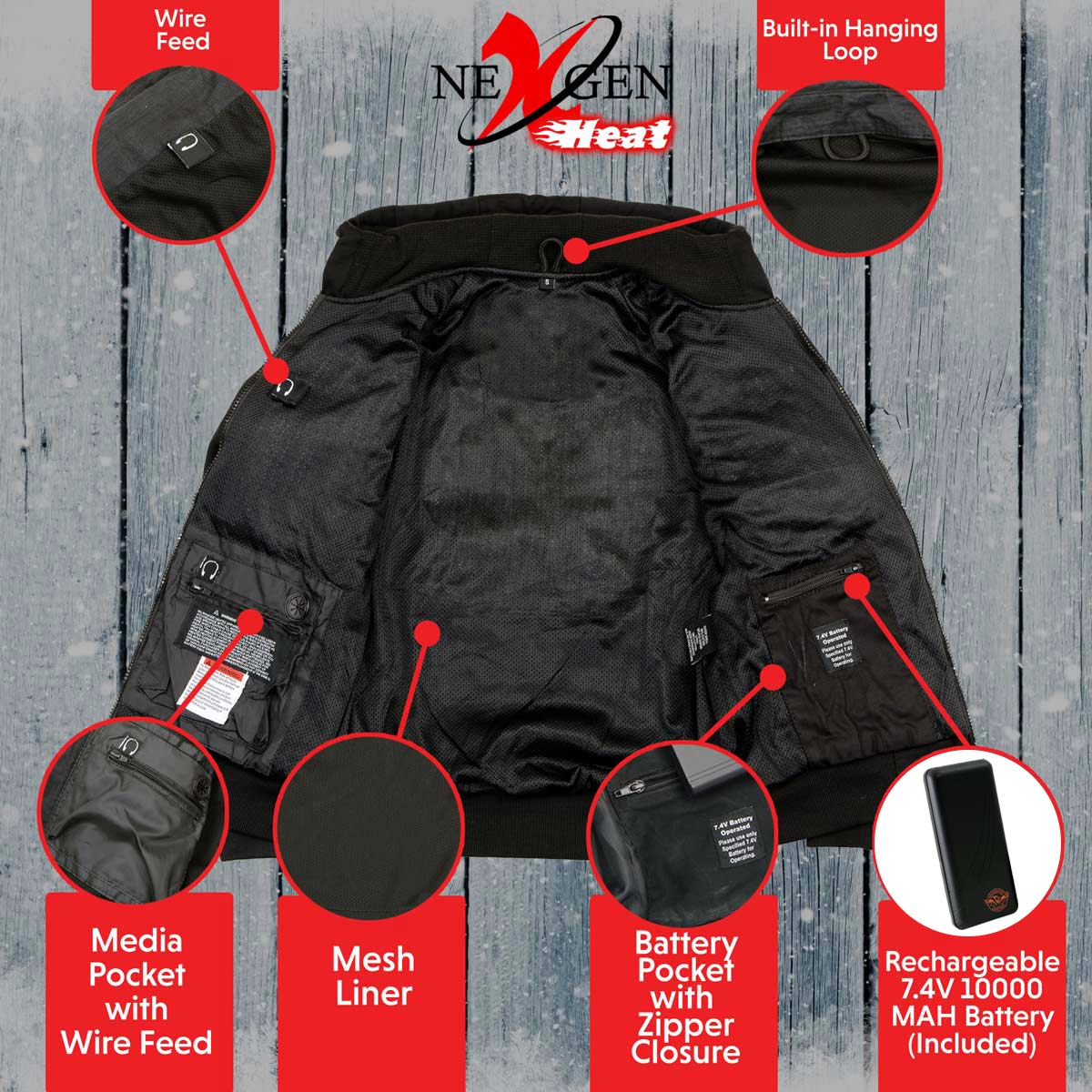 Nexgen Heat MPM1713SET Men's “Fiery’’ Heated Hoodie- Black Zipper Front Sweatshirt Jacket for Winter w/Battery Pack