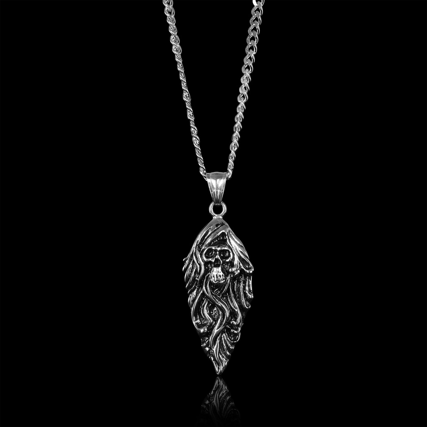 Stainless Steel Flaming Skull Arrowhead Curb Chain Necklace