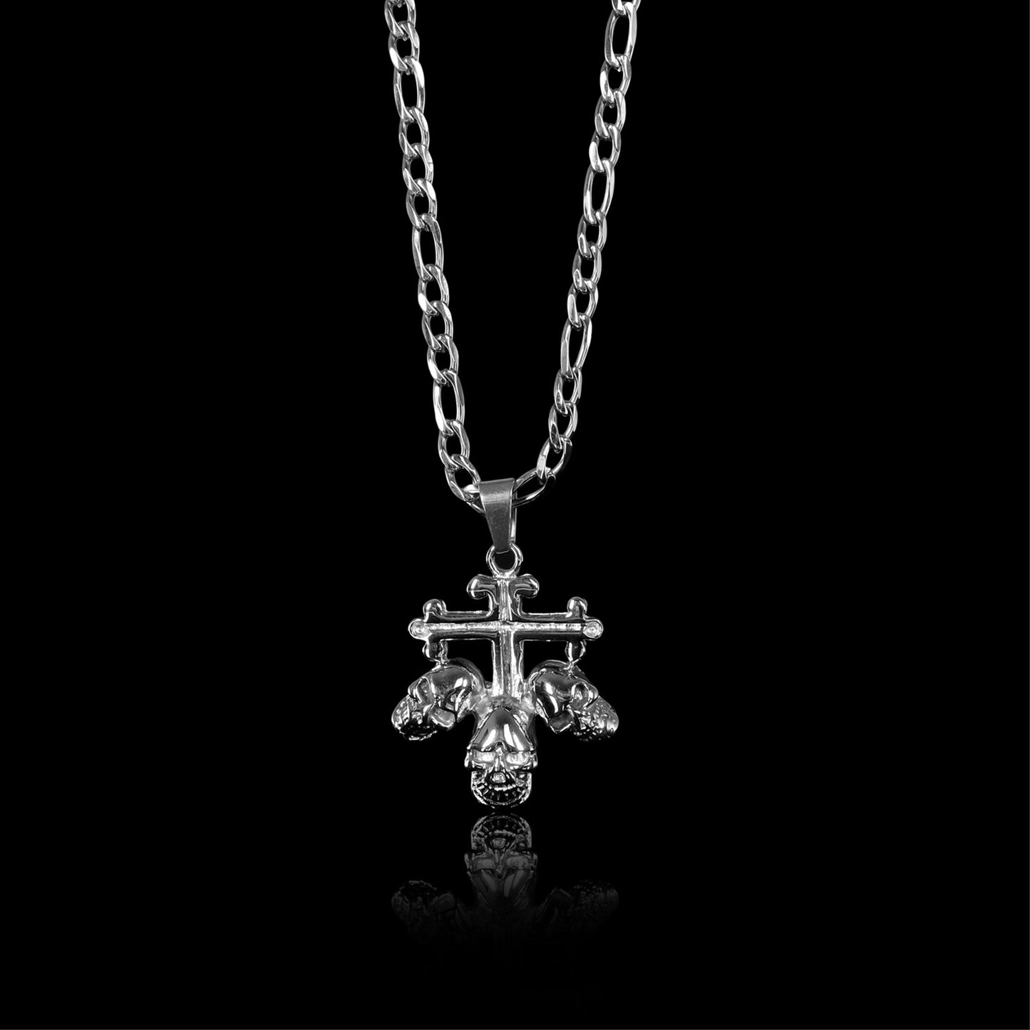 Stainless Steel Triple Skulls On Cross Figaro Chain Necklace