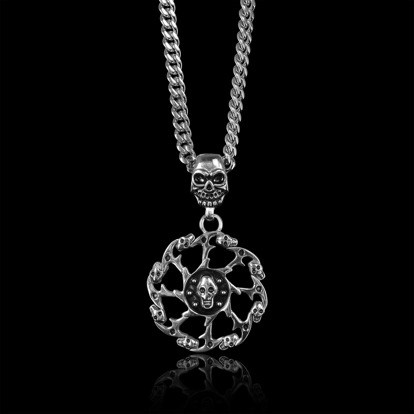 Stainless Steel Skull Spiked Death Wheel Curb Chain Necklace
