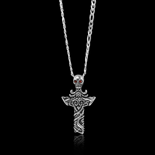Stainless Steel Red CZ Eyed Skull Cross Figaro Chain Necklace