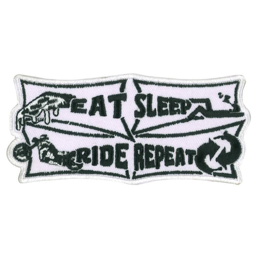 A patch with the phrase 'EAT SLEEP RIDE REPEAT' embroidered in black on a white background, with a motorcycle graphic incorporated into the design.