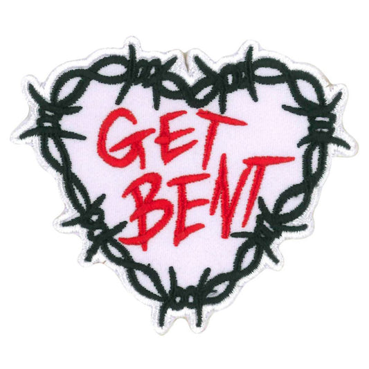 A patch with the phrase 'GET BENT' written in red capital letters, surrounded by a black barbed wire design.