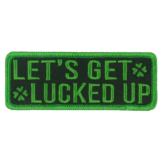 A rectangular patch with green edging and the text 'LET'S GET LUCKED UP' in green on a black background.