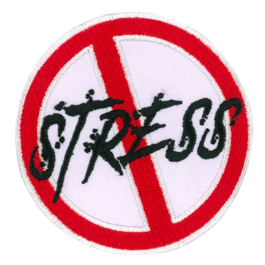 A round patch with a prohibition sign over the word 'STRESS' in bold, black letters against a white background.