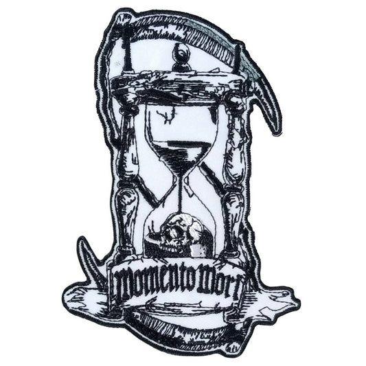 A black and white embroidered patch featuring a graphic of an hourglass with the phrase 'MOMENTO MORI' across the top.