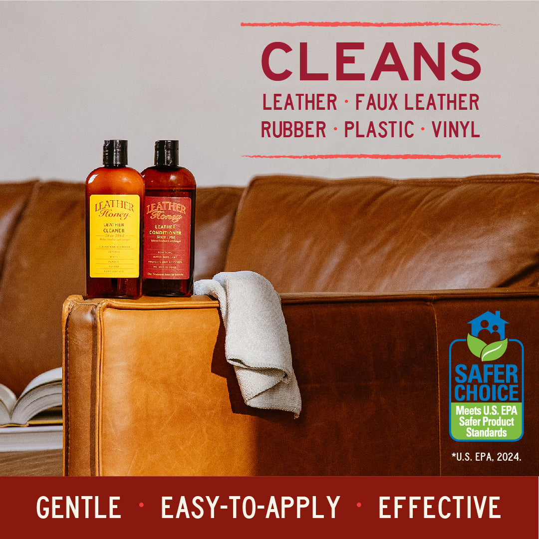 Two bottles of leather cleaner on a brown leather couch with text about product features.