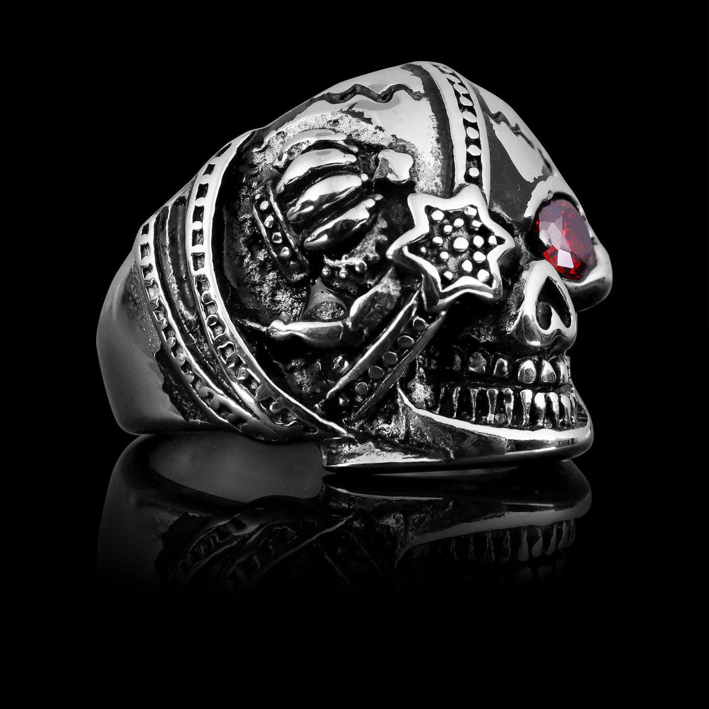 Stainless Steel Skull With Red CZ Eye and Eyepatch Ring