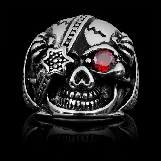 Stainless Steel Skull With Red CZ Eye and Eyepatch Ring
