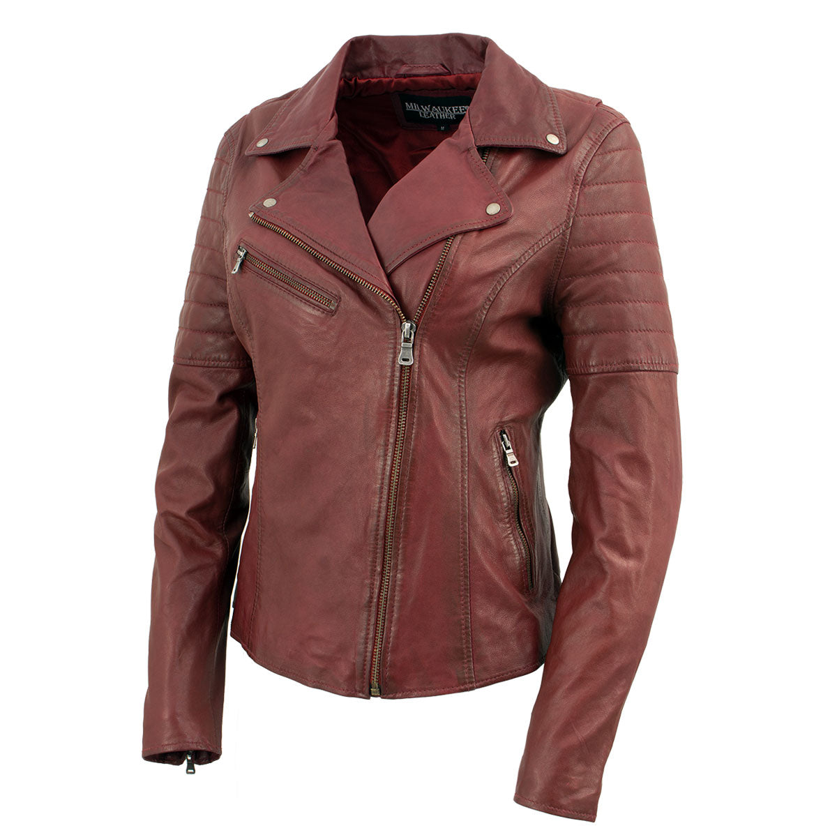 Milwaukee Leather SFL2812 Red Vintage Motorcycle Inspired Leather Jacket for Women - Veg-Tan Fashion Jacket