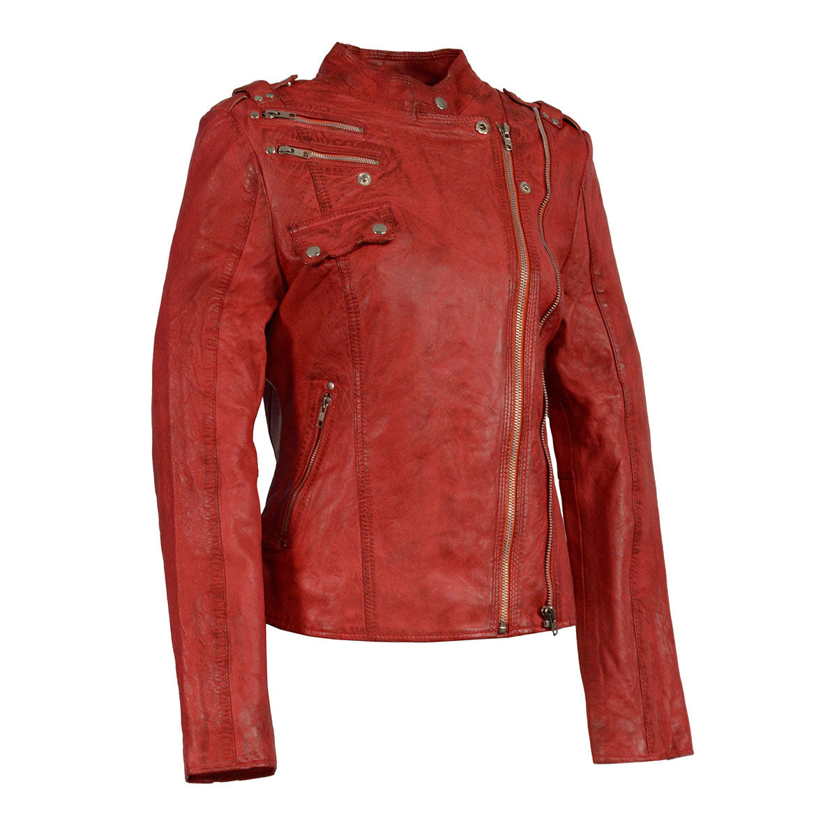 Milwaukee Leather SFL2845 Women's Distressed Red Leather Motorcycle Style Jacket with Asymmetrical Zipper