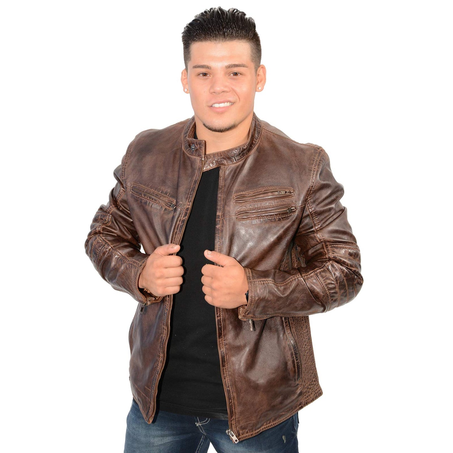 Milwaukee Leather SFM1805 Men's Brown Side Stitch Cafe Racer Lambskin Leather Jacket