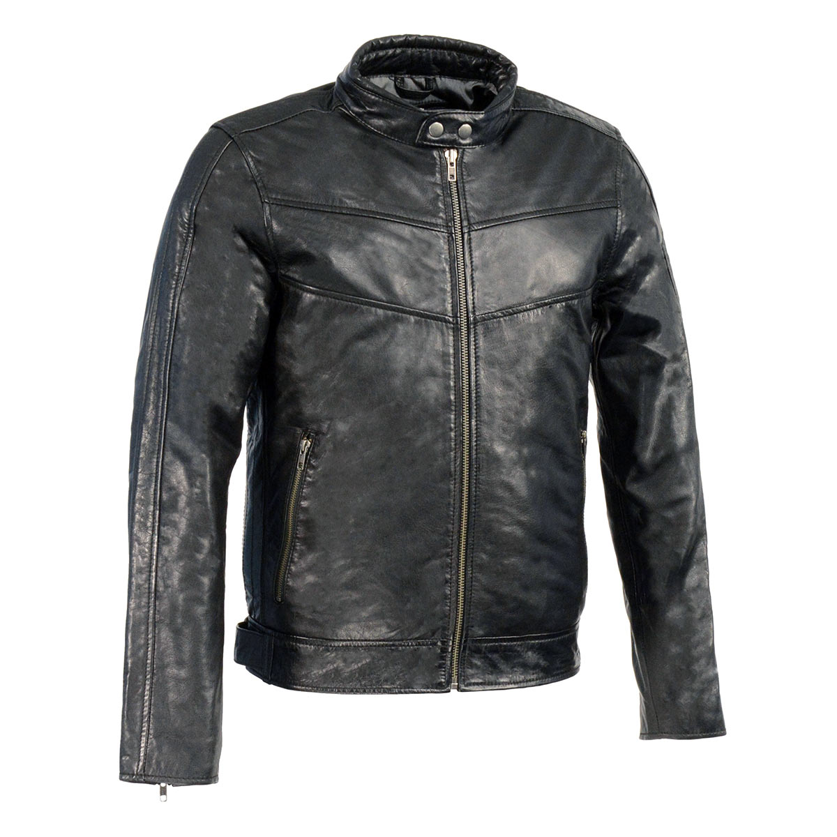 Milwaukee Leather Men's Black Cafe Racer Leather Jacket with Snap Button Collar SFM1835