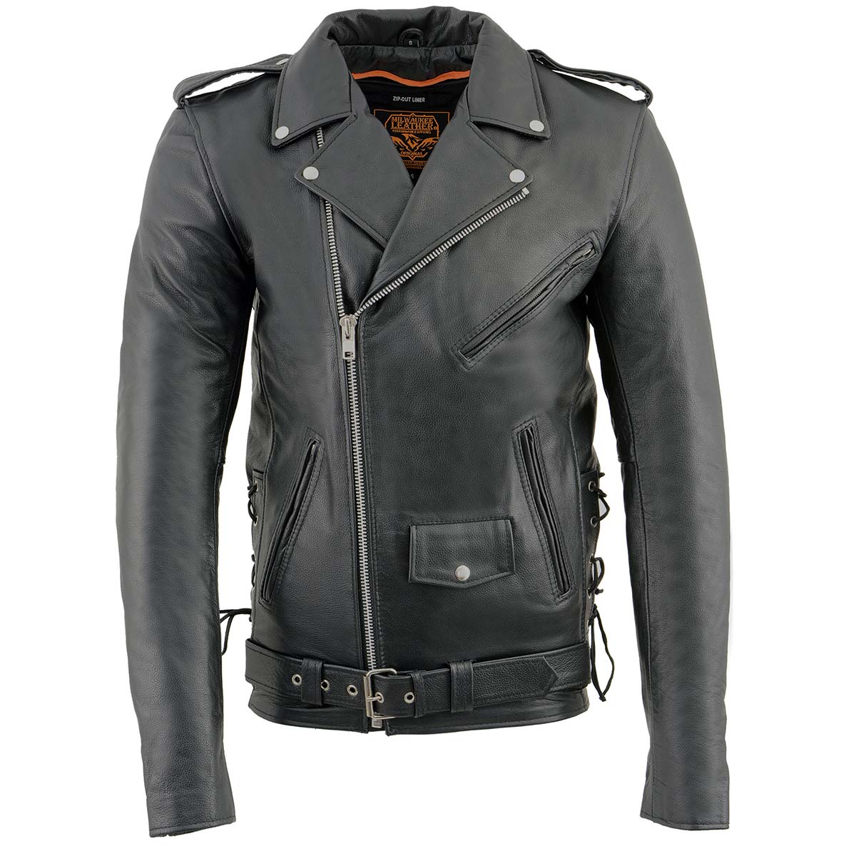 Milwaukee Leather SH1011TALL Black Classic Brando Motorcycle Jacket for Men Made of Cowhide Leather w/ Side Lacing