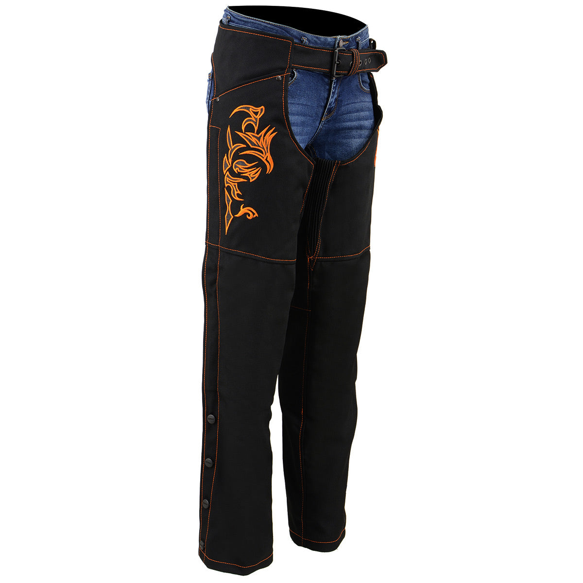 Milwaukee Leather SH1182 Women's Black with Orange Textile Motorcycle Riding Chaps with Tribal Embroidery