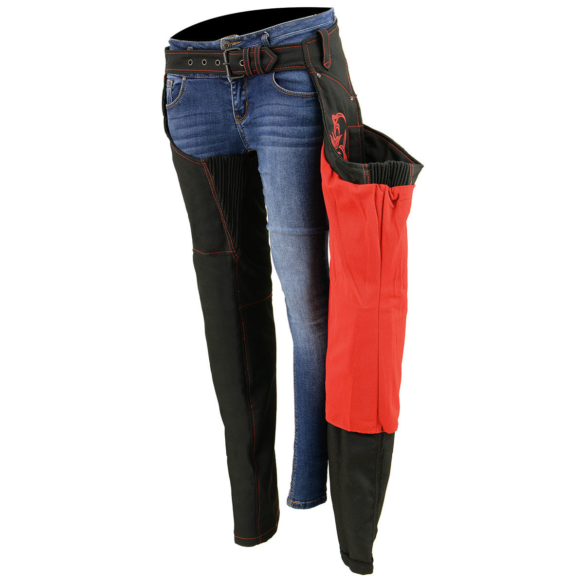 Milwaukee Leather SH1182 Women's Black with Red Textile Motorcycle Riding Chaps with Tribal Embroidery