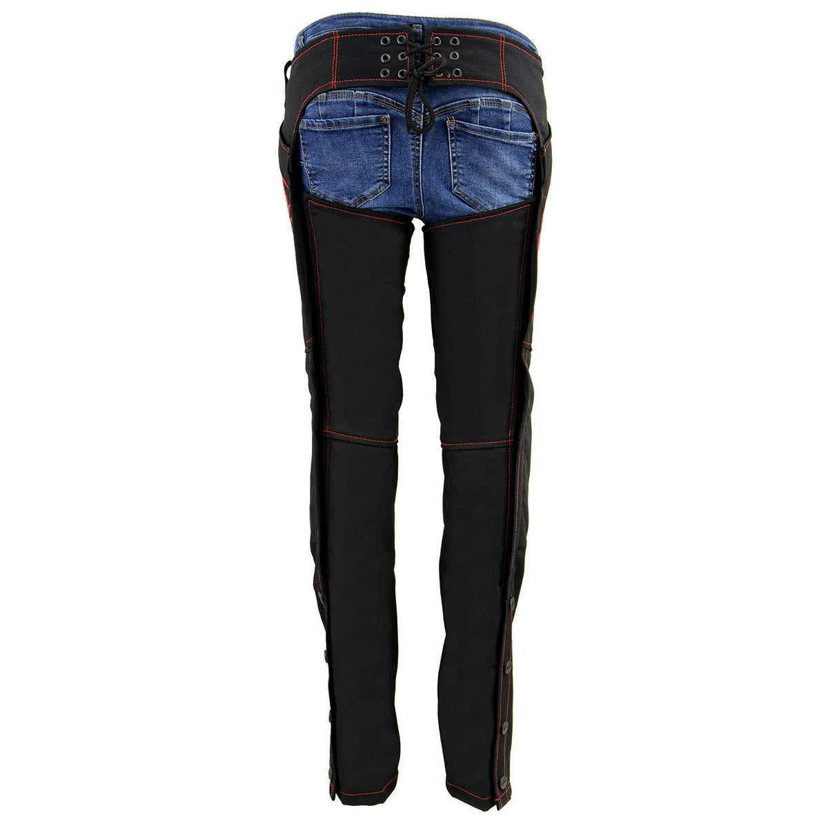 Milwaukee Leather SH1182 Women's Black with Red Textile Motorcycle Riding Chaps with Tribal Embroidery