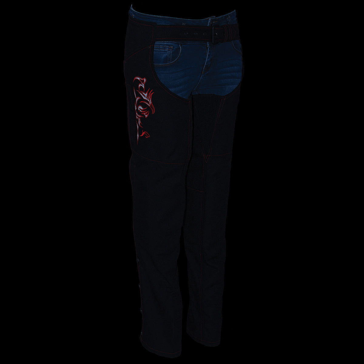 Milwaukee Leather SH1182 Women's Black with Red Textile Motorcycle Riding Chaps with Tribal Embroidery