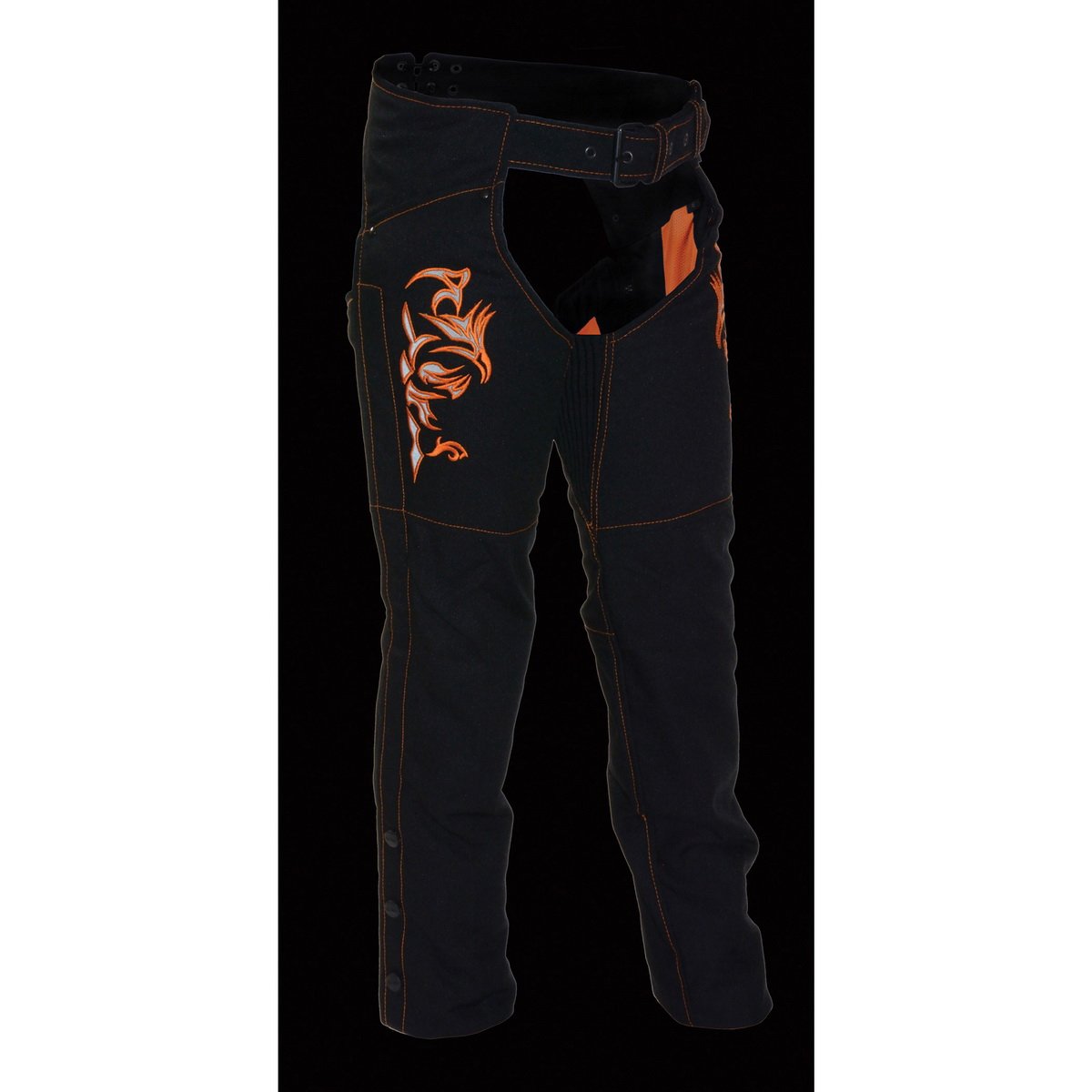 Milwaukee Leather SH1182 Women's Black with Orange Textile Motorcycle Riding Chaps with Tribal Embroidery