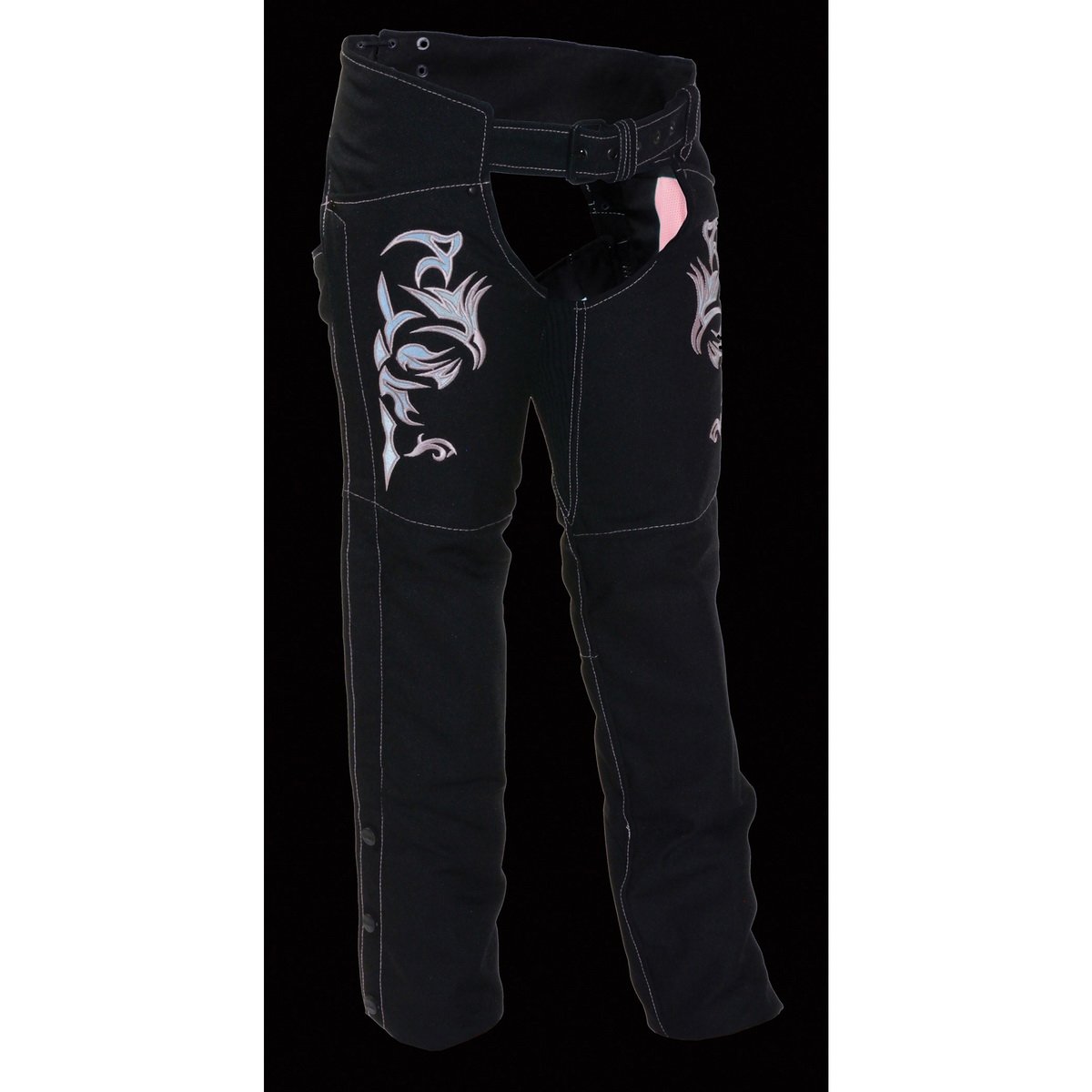 Milwaukee Leather SH1182 Women's Black with Pink Textile Motorcycle Riding Chaps with Tribal Embroidery