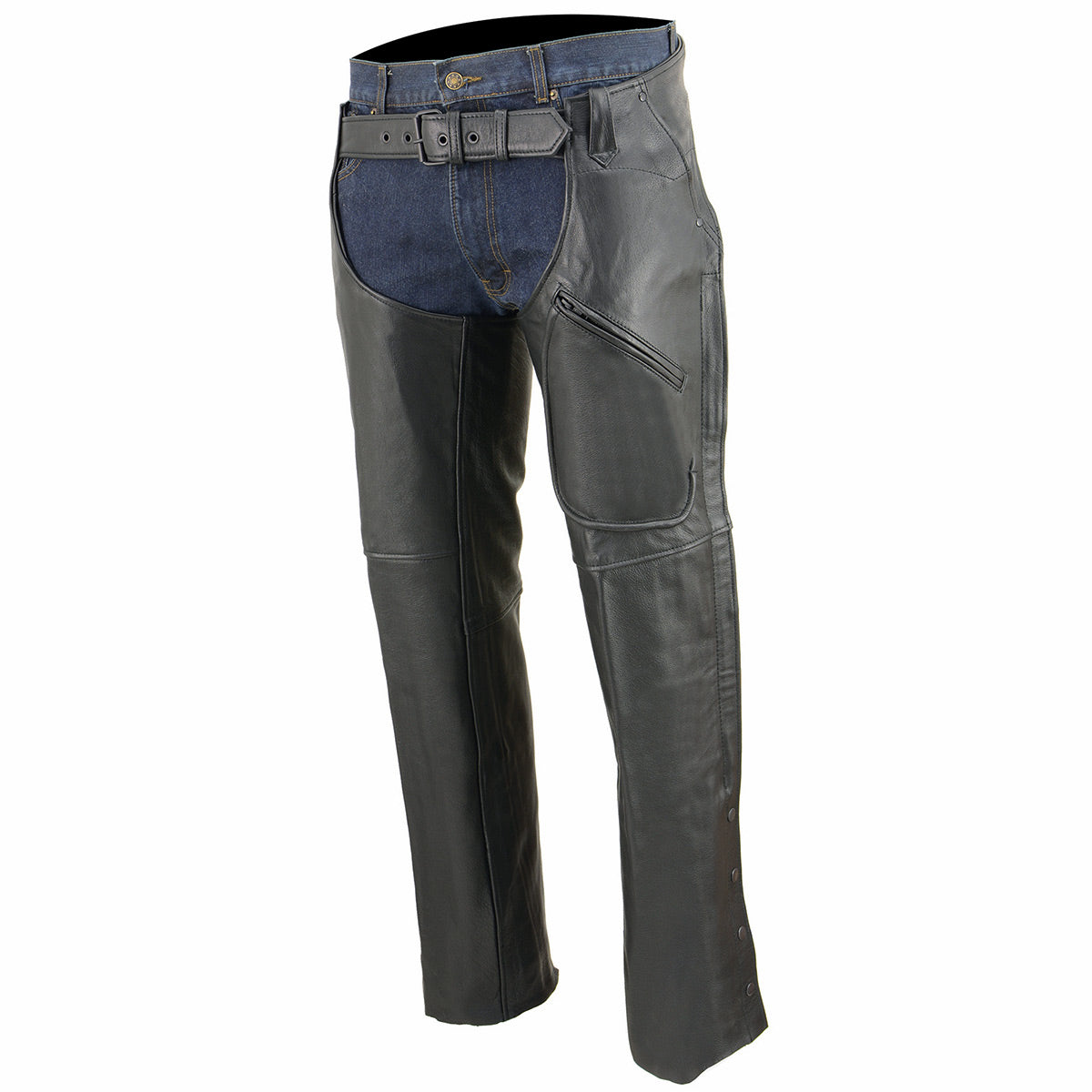 Milwaukee Leather Chaps for Men’s Black Naked Skin Front 3-Pockets - Thigh Patch Pocket Motorcycle Chap - SH1766