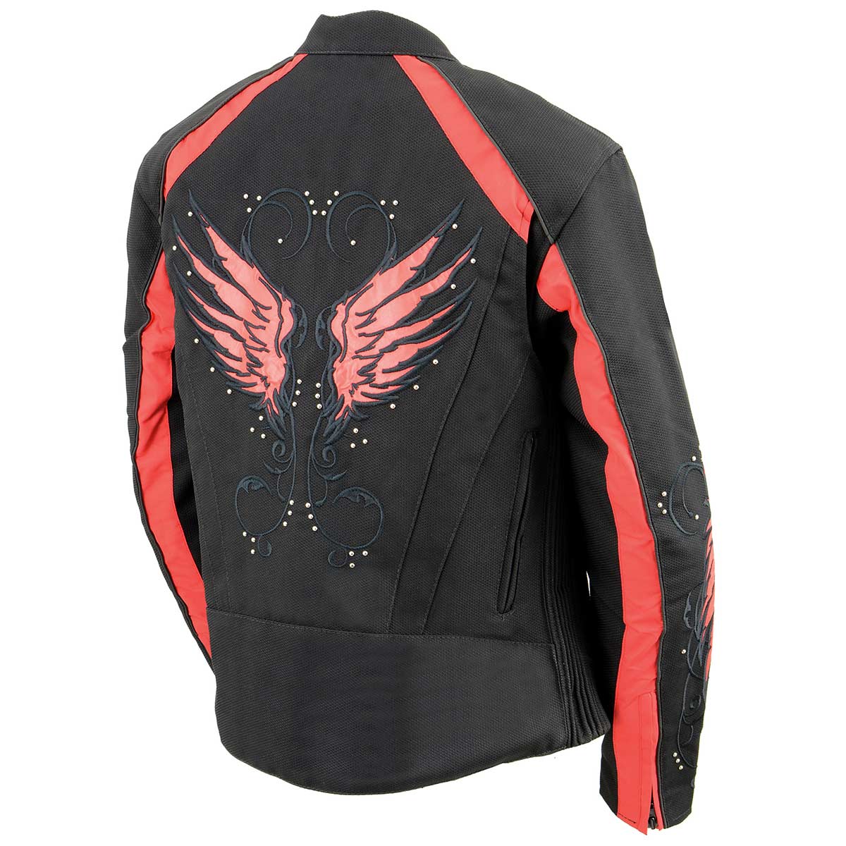 Milwaukee Leather SH1954 Women's Black and Red Textile Jacket with Stud and Wings Detailing