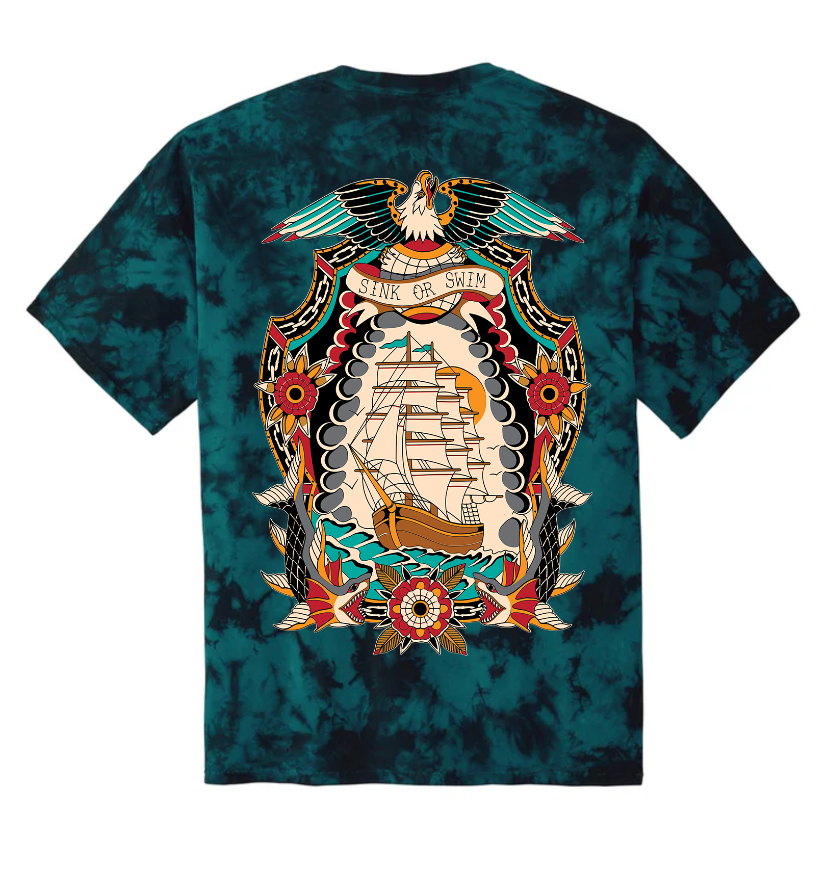 Tie-dye t-shirt with a colorful tattoo graphic design on a white background