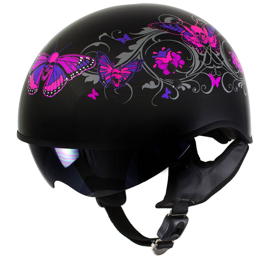 Hot Leathers HLT72 Gloss Black Pink Butterflies Advanced DOT Helmet for Men and Women with Drop Down Tinted Visor