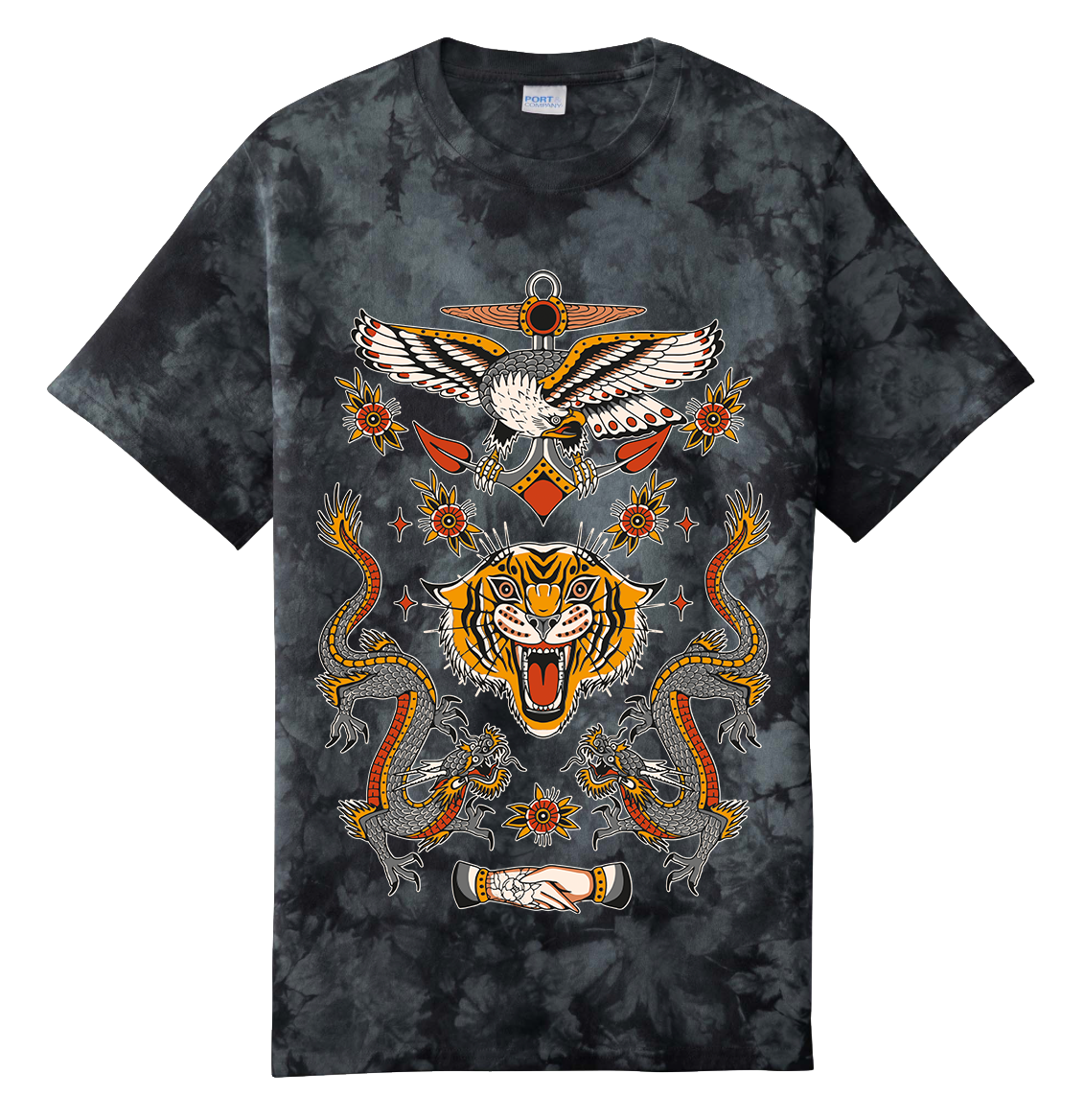 Tie-dye t-shirt with a colorful graphic design featuring a tiger and other elements on a white background.