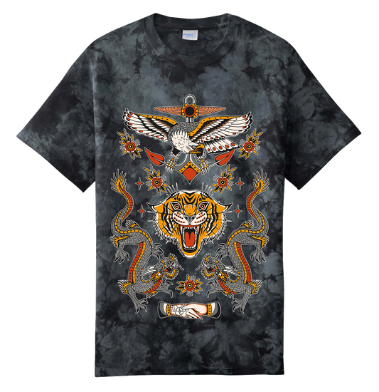 Tie-dye t-shirt with a colorful graphic design featuring a tiger and other elements on a white background.