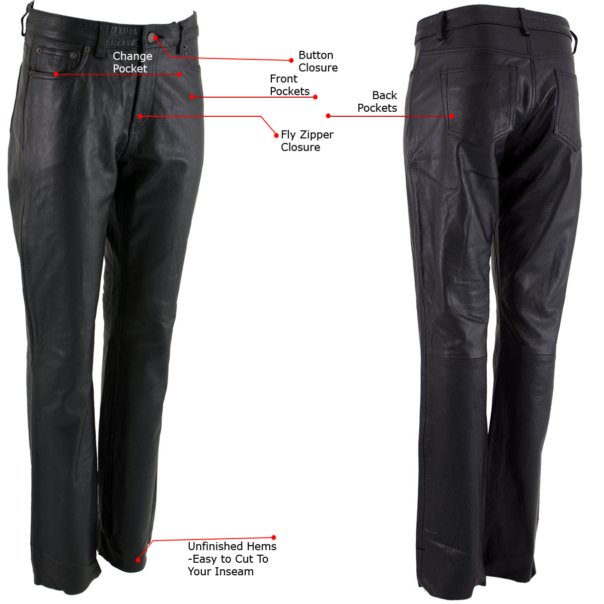 Milwaukee Leather LKM5719 Women's Black Buffalo Leather Motorcycle Riding Pants, Boot Cut, Unhemmed