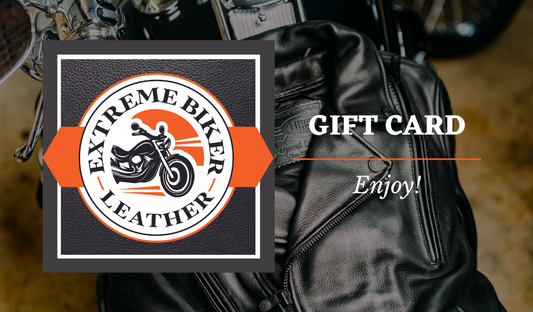 Extreme Biker Leather Gift Card image with black leather motorcycle jacket background
