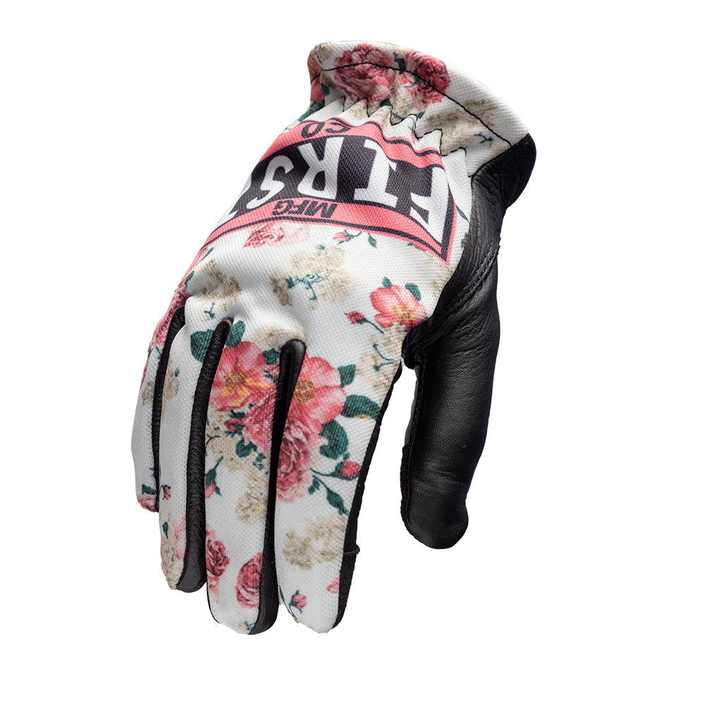 White Floral Black Leather Women's Motorcycle Riding Gloves Short Elastic Cuff Full Fingers Touch Tech